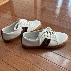 Lauren Ralph Lauren White Sneakers with Maroon and Brown Stripes and Gold Accent